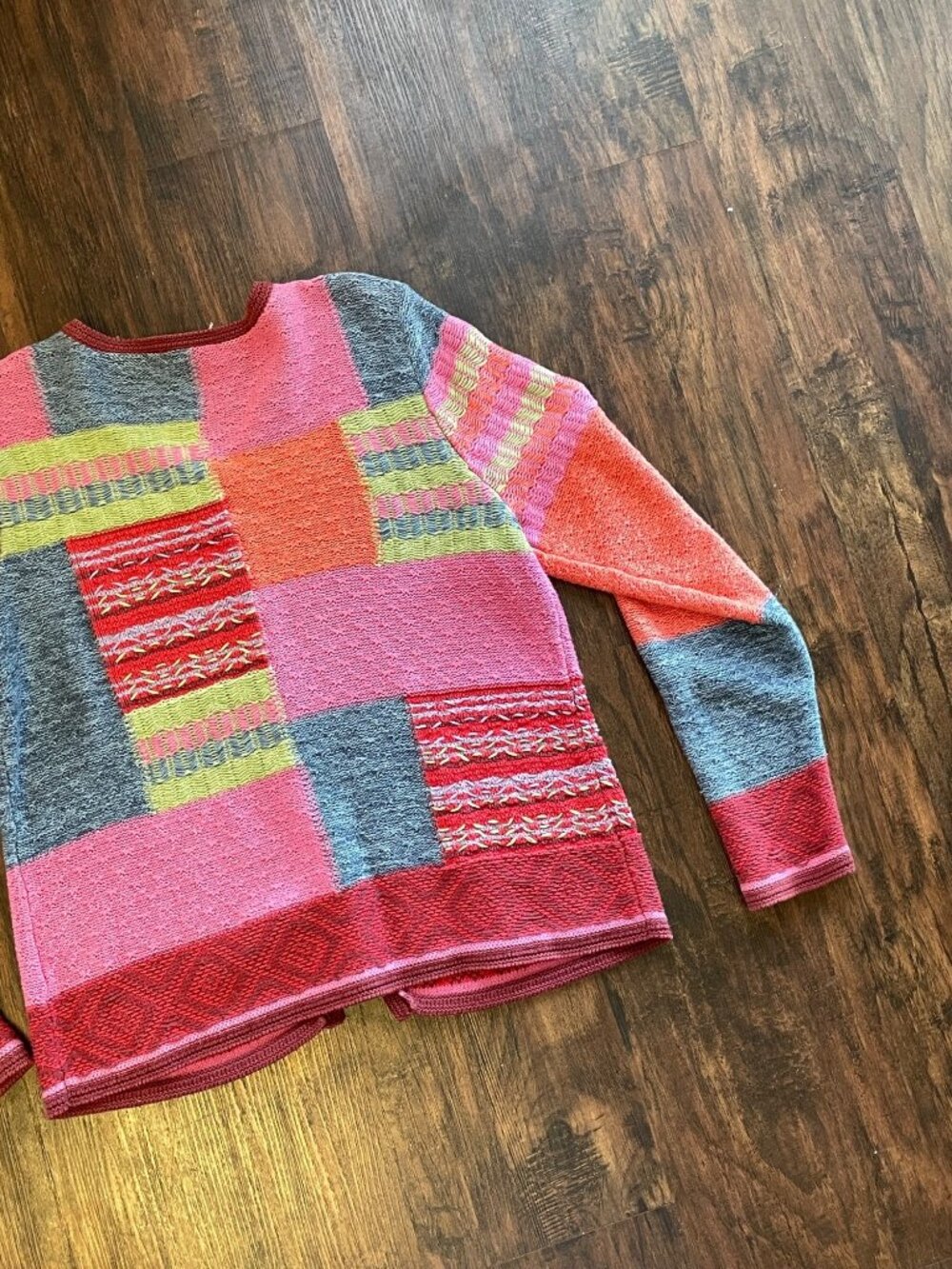 Vintage 1990s Colorful Hand Knit Patchwork Embroidered 3D Knit Cardigan Sweater - Picture 12 of 13